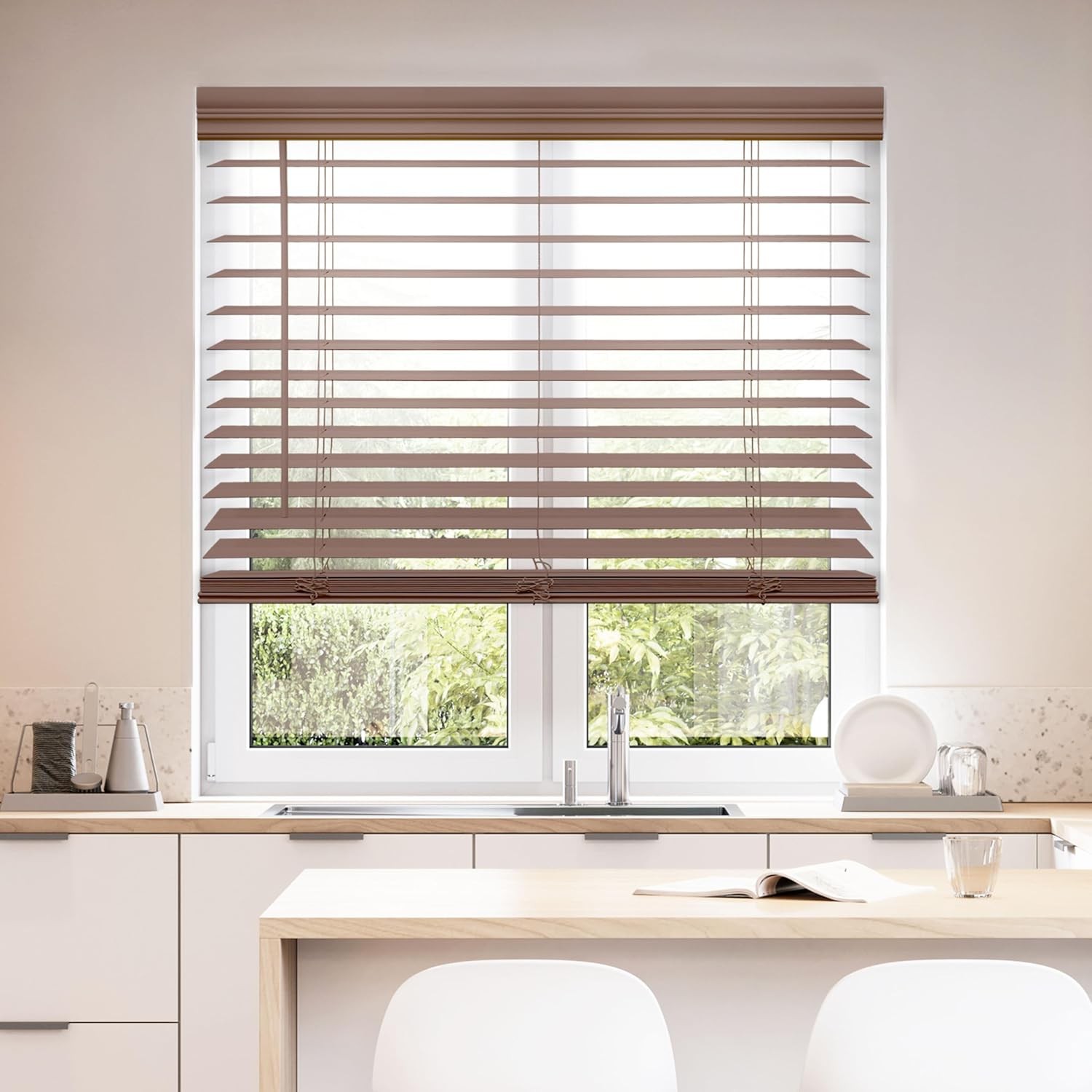 Cordless 2″ Faux Wood Blind, 45″ W x 60″ H, Dark Oak