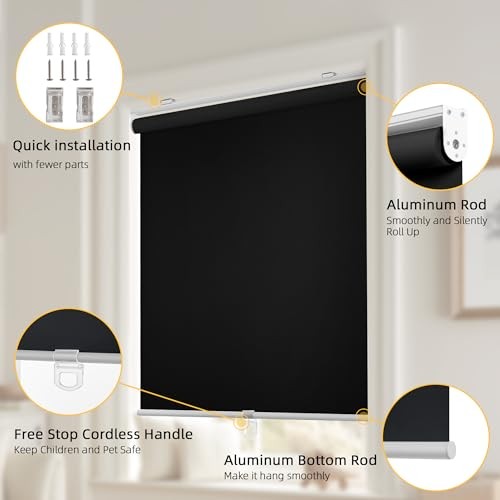 Cordless Free-Stop 100%out Blinds for Windows, Roller 22″W x 72″H Black
