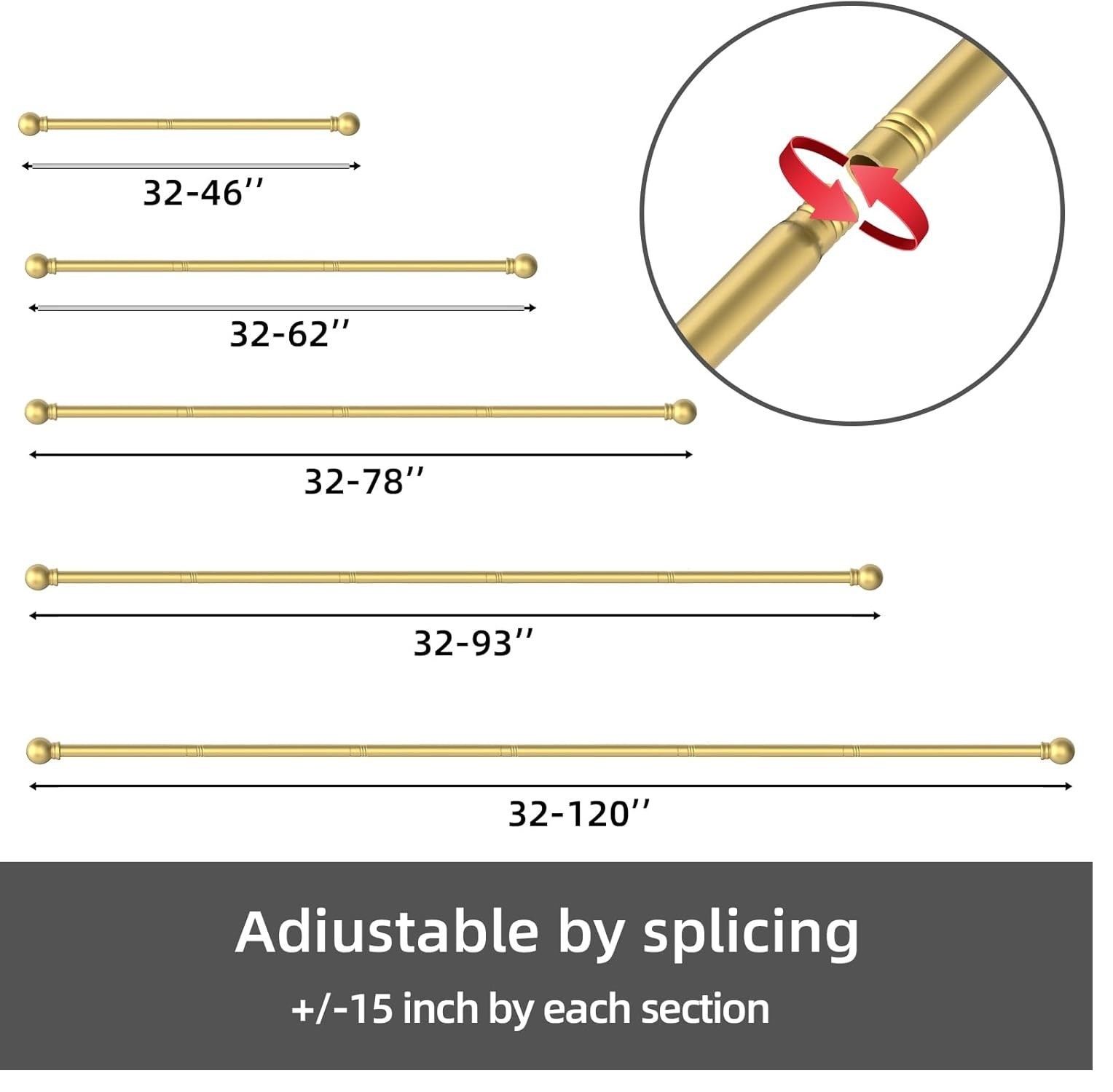 Curtain Rods for windows 32-48 inch, 5/8 inch Decorative Gold Splicing HeavyDuty