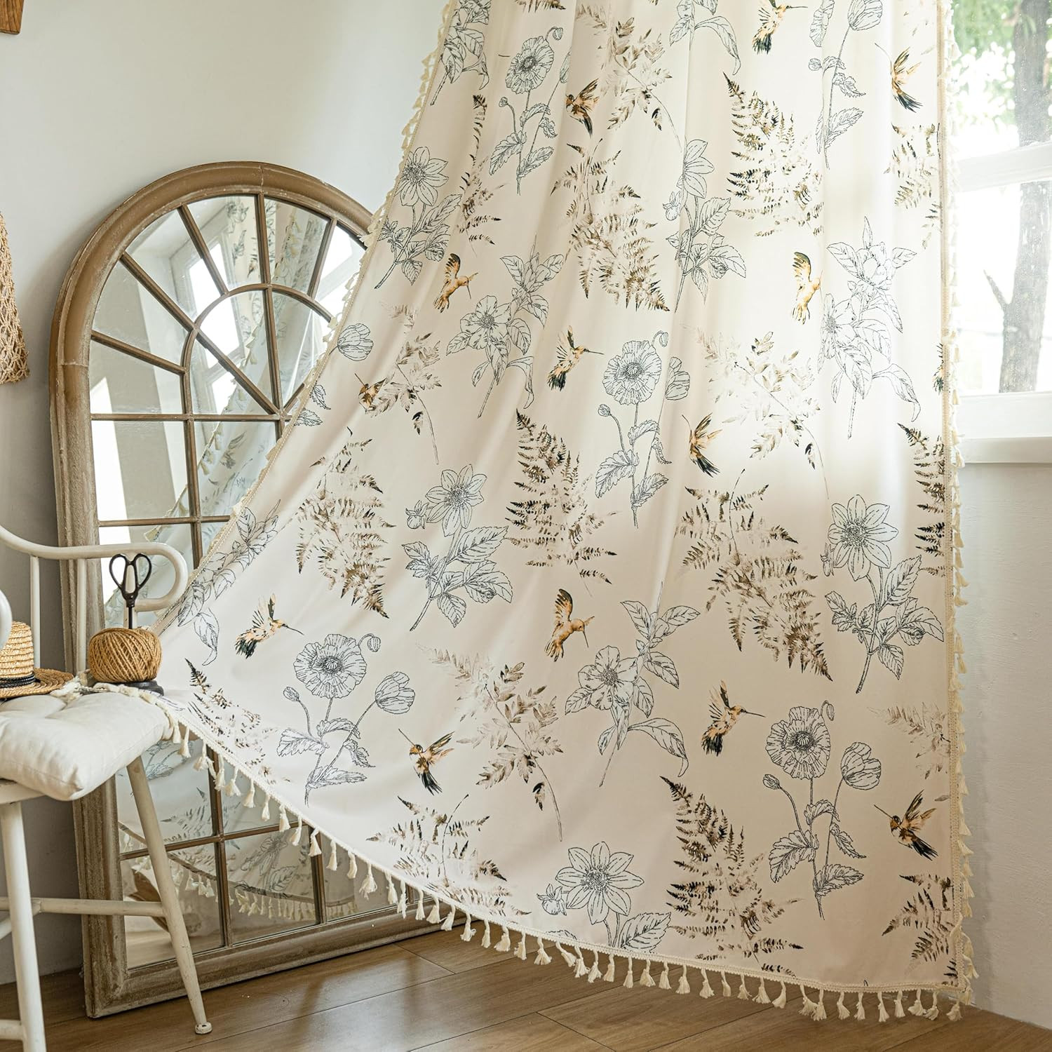 Bird Floral Curtains 96 Inch Length 2 Panels, Light Filtering Farmhouse Window