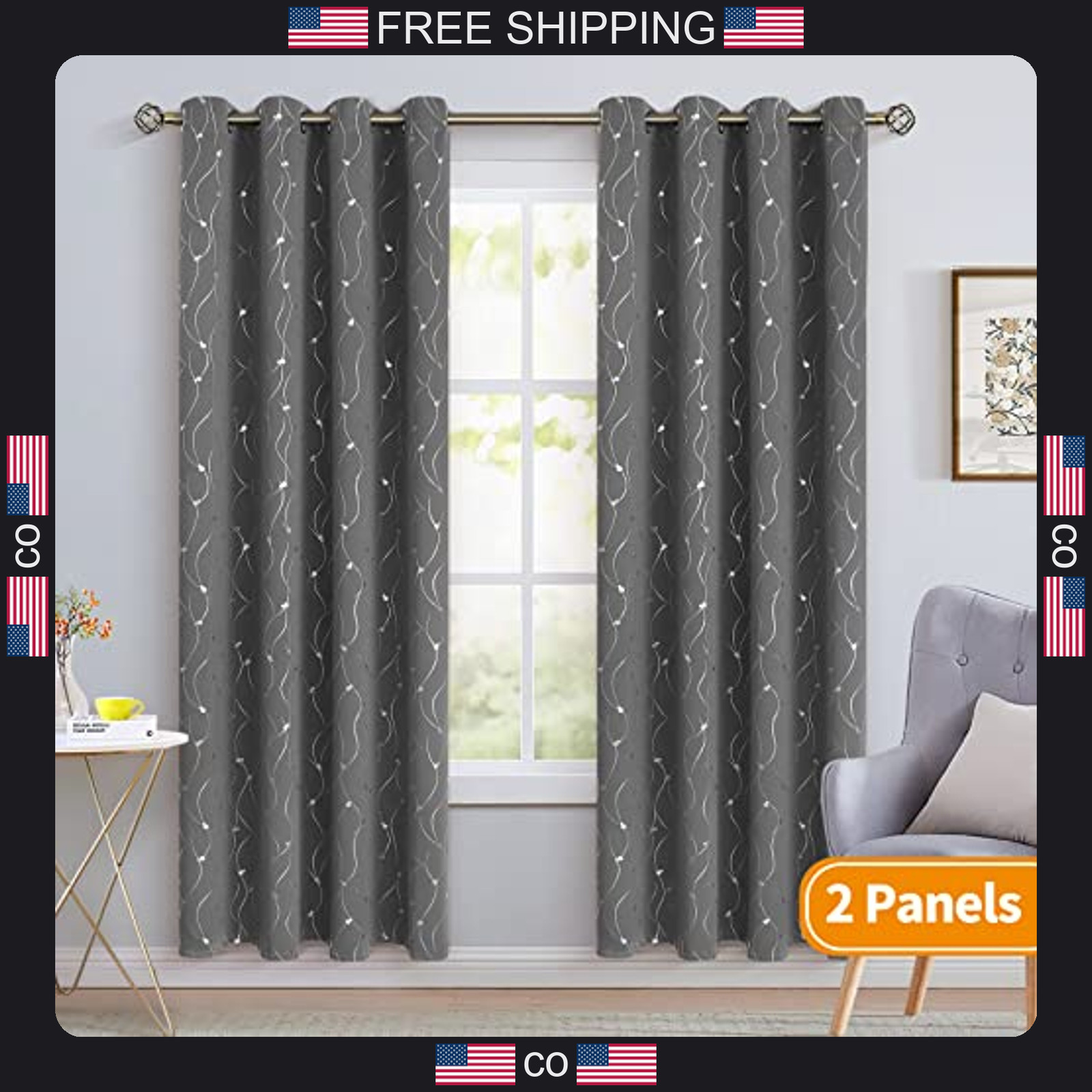 2 Panel Dark Grey Blackout Curtains for Living Room and Bedroom