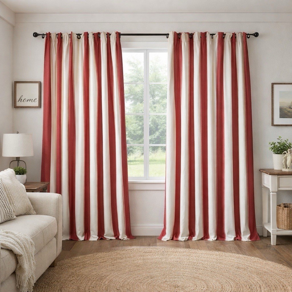 VTG POTTERY BARN Set Of 5 Drapes Curtain Panels 44 X 96″ Red White Stripe Cotton