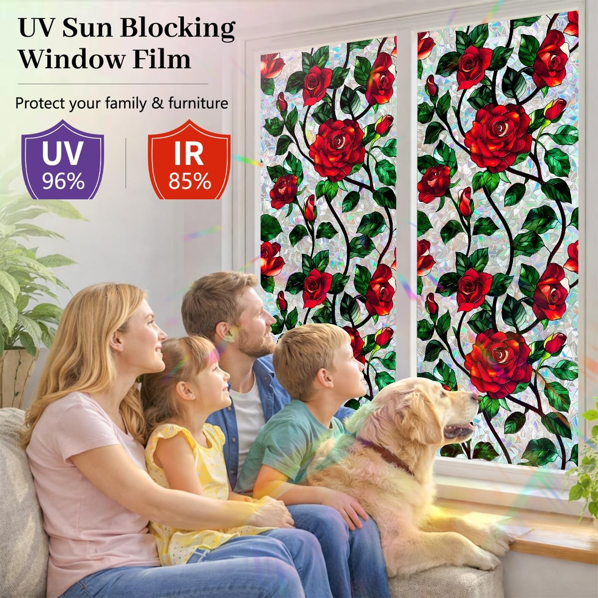 Stained Glass Window Film 29.5 x 78.7 in, Red Rose Floral Decorative Window P…