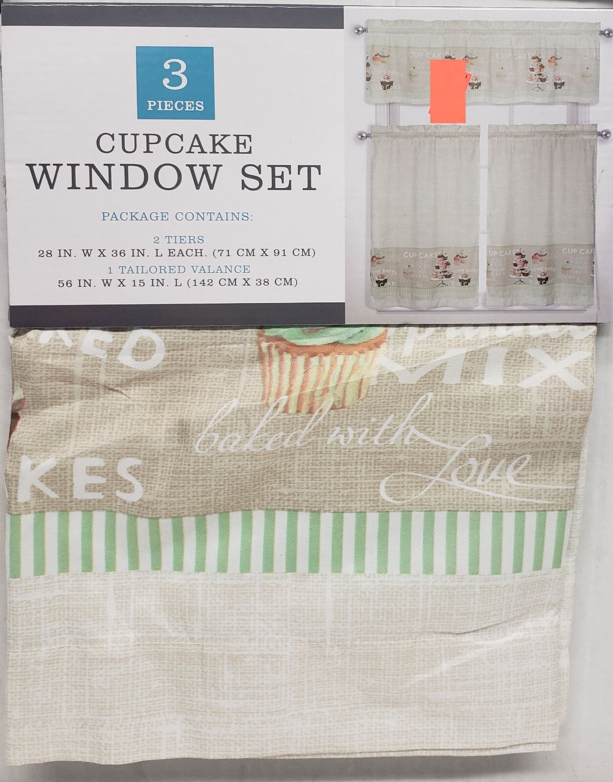 3 pc Printed Kitchen Curtains Set: 2 Tiers (28″x36″)& Valance (56″x15″) CUPCAKES