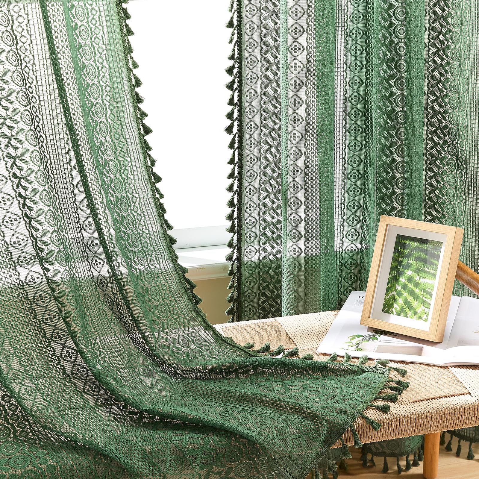 Dark Green Farmhouse Boho Curtains 96 Inches Long, 2 Panels, W60 x L96 Inch, …