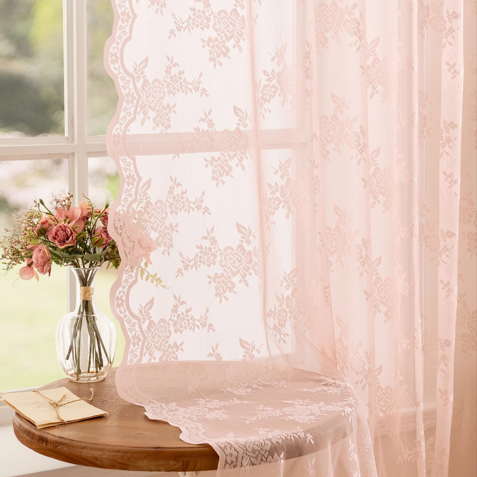 Pink Lace Curtains 84 Inch Long, Sheer Pink Curtain for Girls Room, Floral Pa…