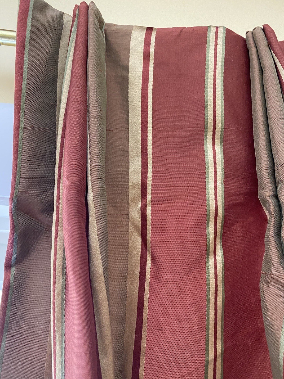 Pair Custom Silk Pinch Pleated Curtain Drapes Inter Lined Rust Gold Stripe 92×34