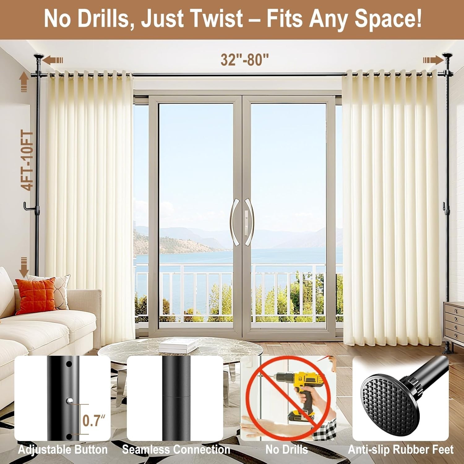 Seamless Room Divider Curtain Rod No Drilling Space Partition Adjustable Privacy