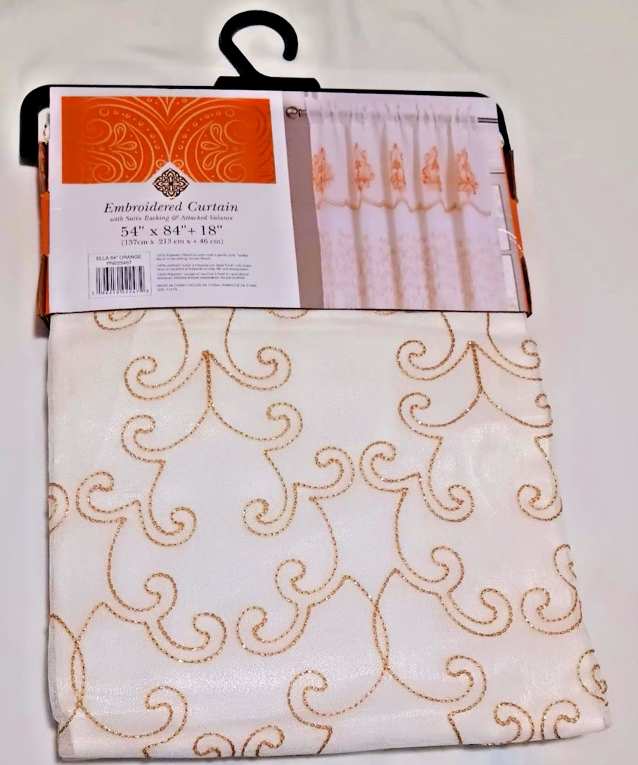 Embroidered Curtain with satin backing & attached valance one panel each orange