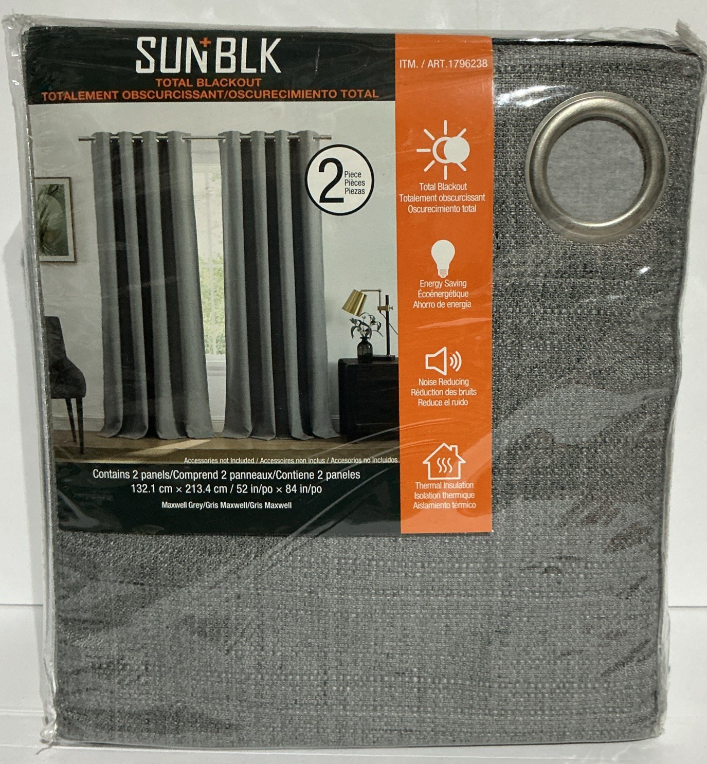 SUN+BLK Total Blackout Window Curtains, 52” x 84”, 2-piece Set. Maxwell Grey