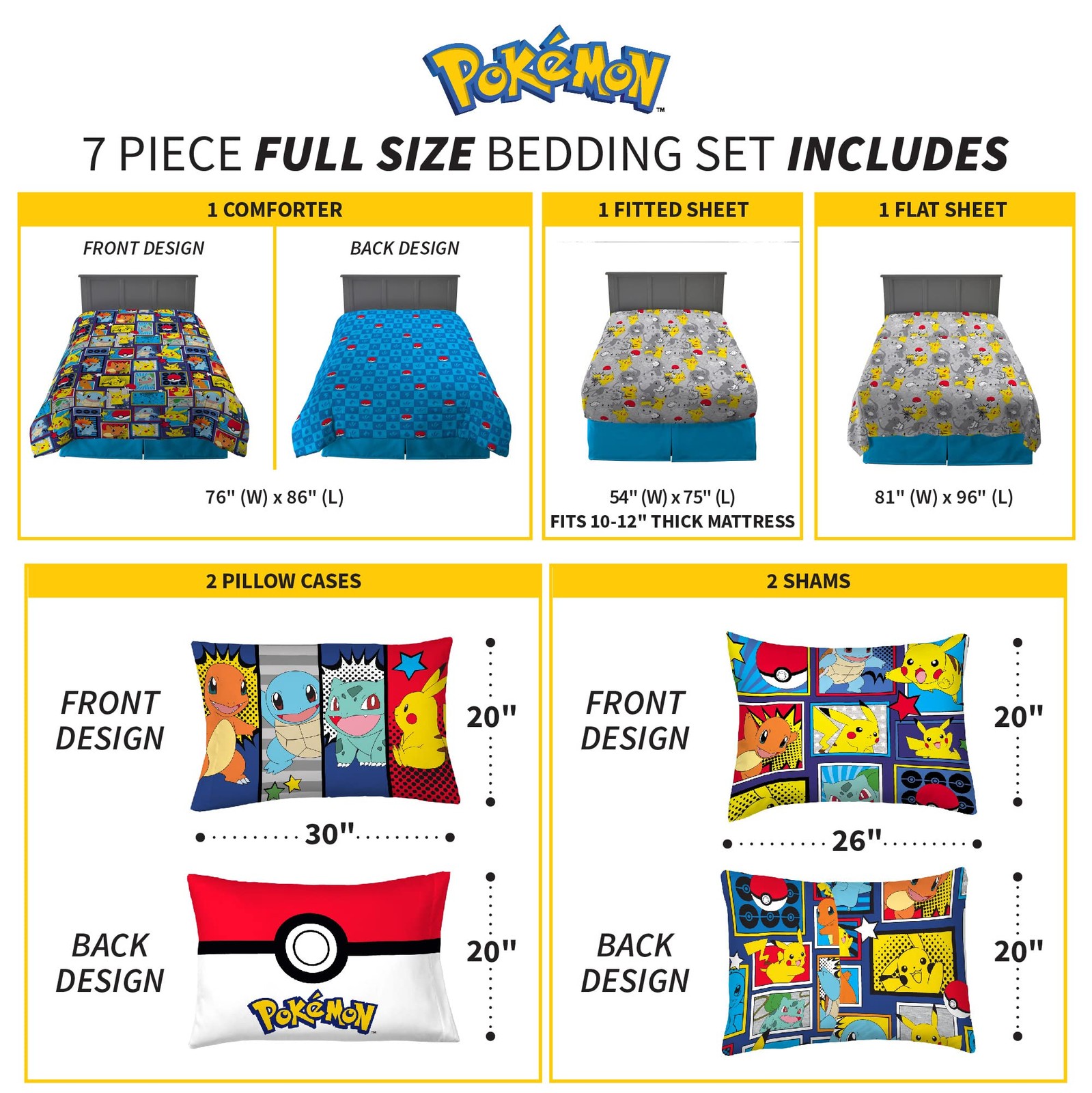 Franco Kids Bedding Super Soft Comforter and Sheet 7 Piece Full Size, Pokemon