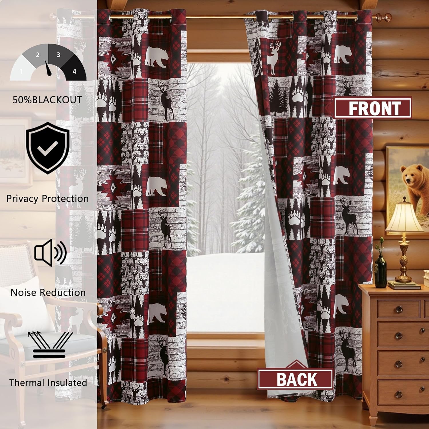 Red Rustic Cabin Curtains 2 Panels Country Style Curtain 50% Light Blocking
