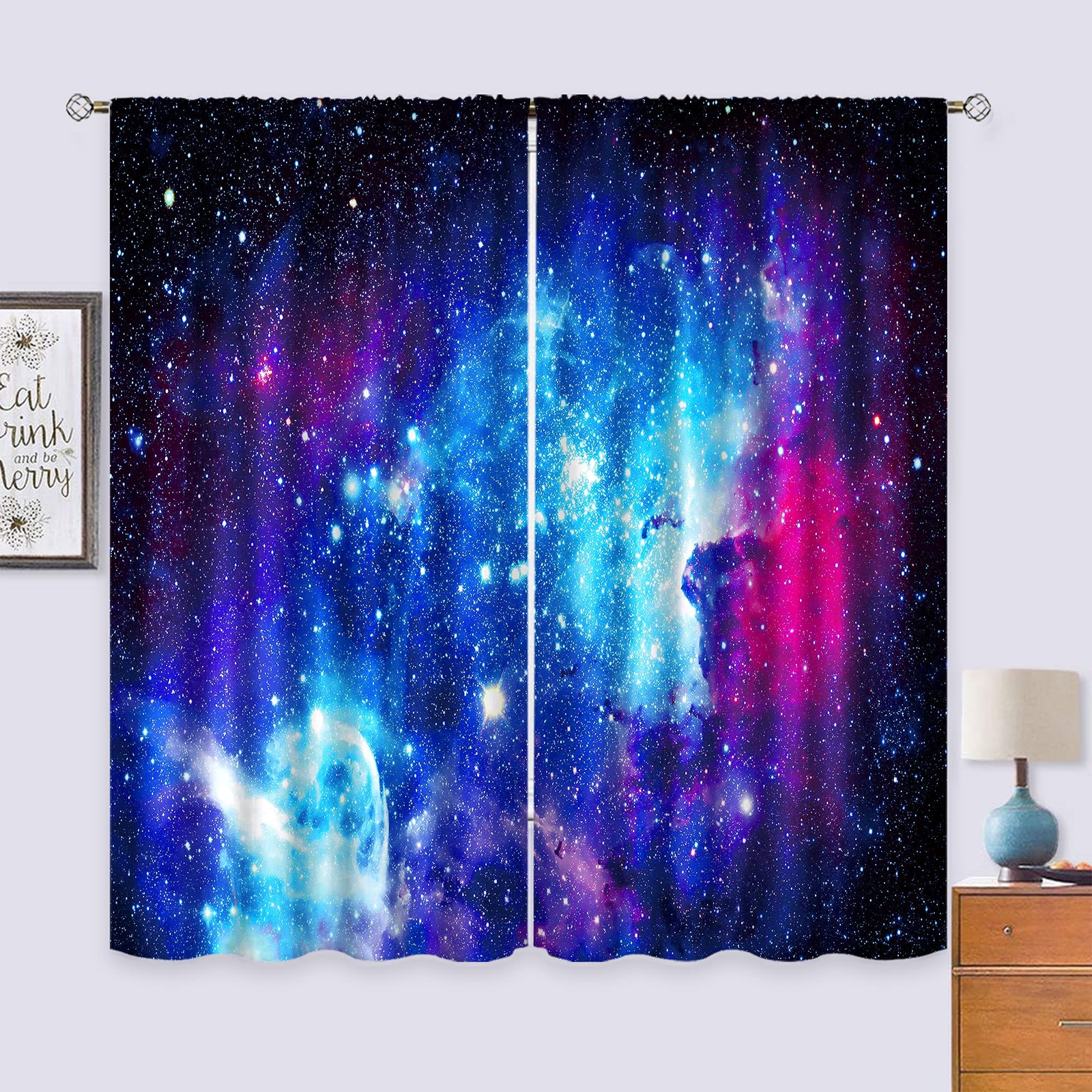 Riyidecor Galaxy Outer Space Nebula Curtains (2 Panels 42 x 72 Inch) Blue Rod