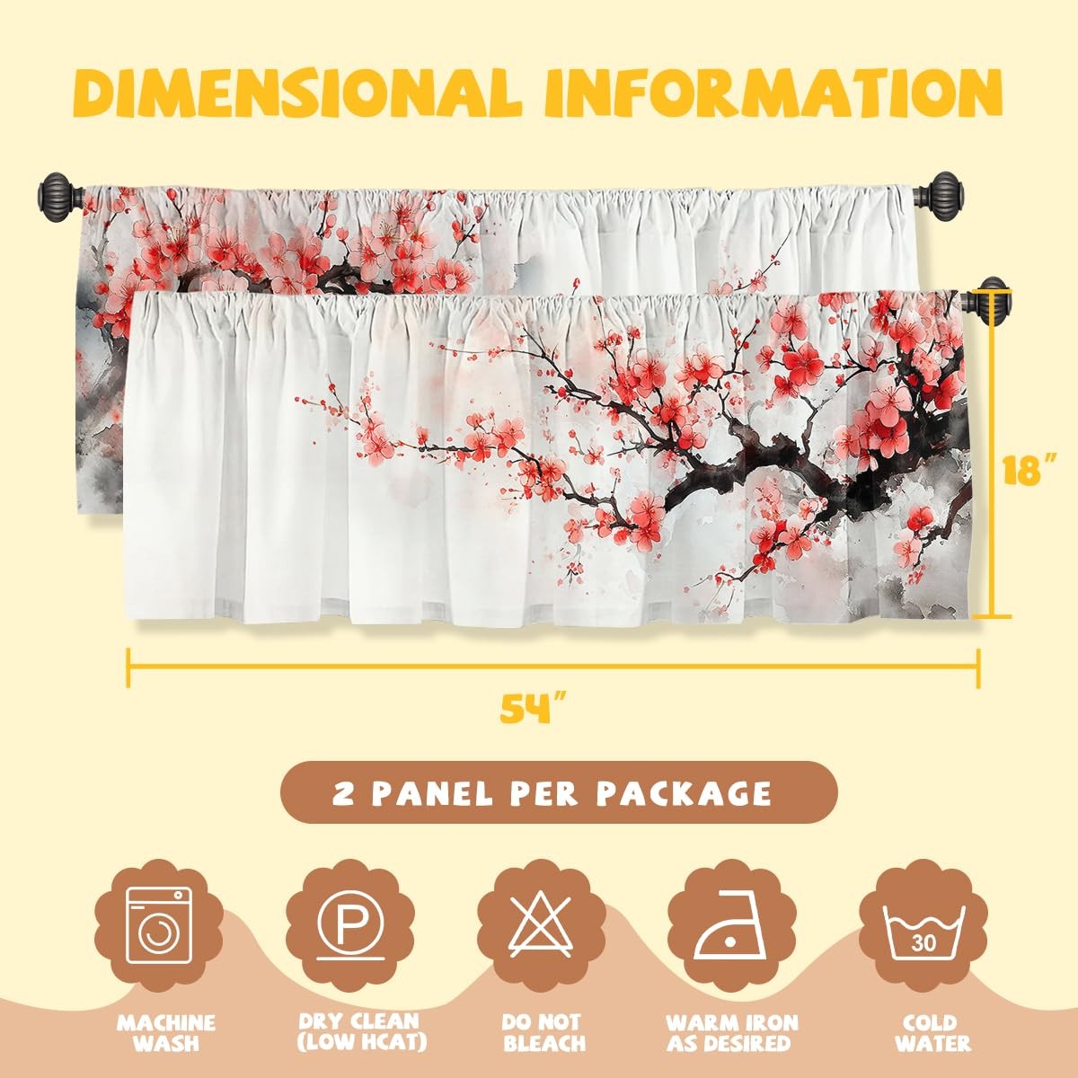 Cherry Blossom Valance Curtain for Windows 2 Pack Watercolor Japan Spring Pin…