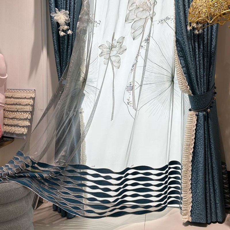 Custom French Embroidery cloth blue lace Velvet curtain valance tulle M1799