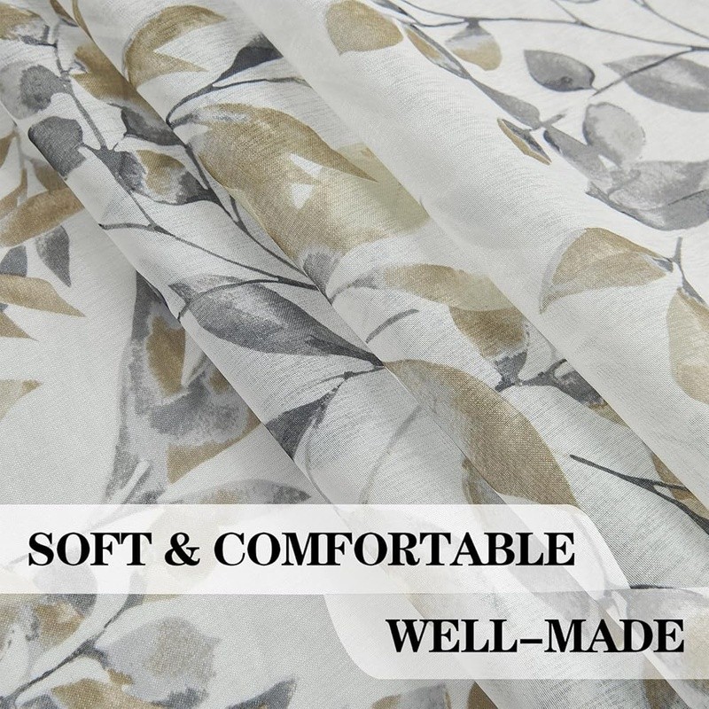 Farmhouse Botanical Leaf Print Curtains Durable Light Filtering Panels Easy Care