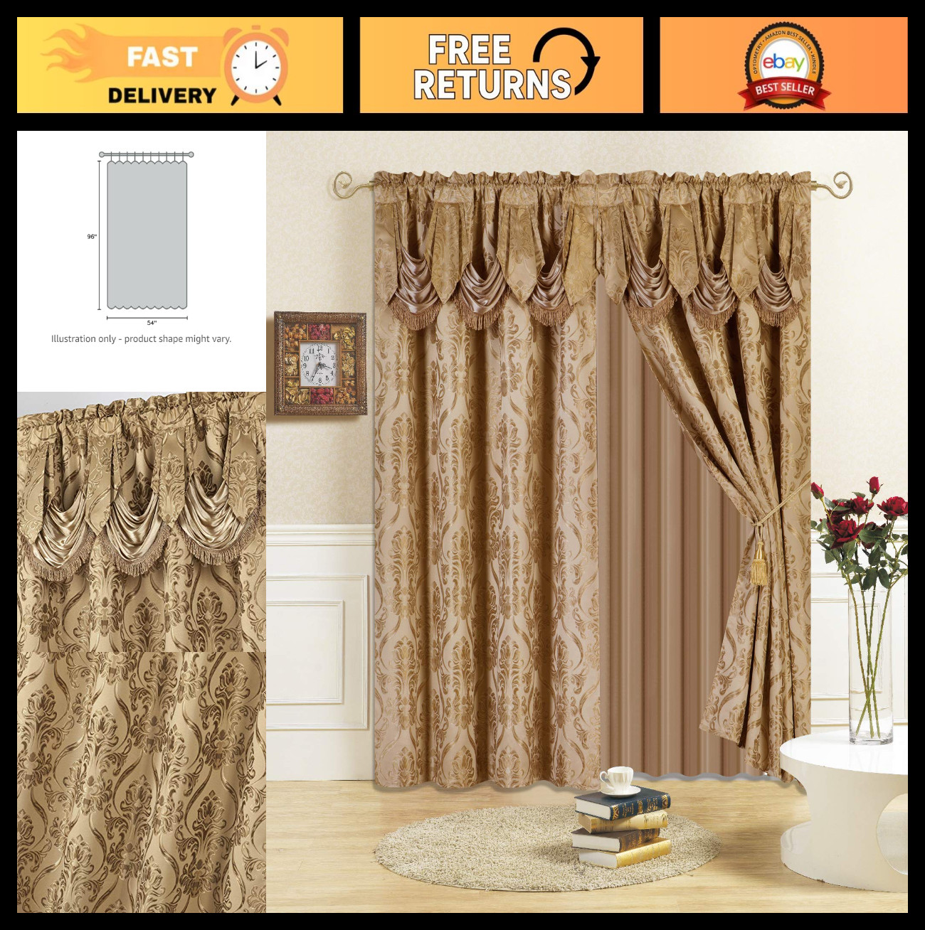 4-Piece Drape Set with Attached Valance & Sheer, 96″ Length, Taupe, 2 Tie Backs