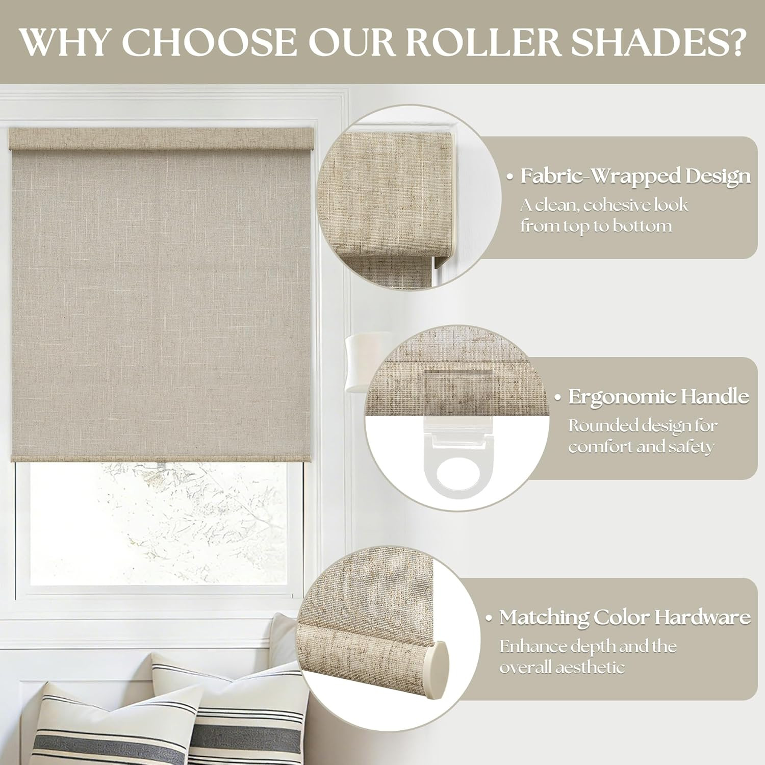 Extra Wide Cordless Linen Roller Shades 72″ W x 72″ H – Light Filtering Blinds