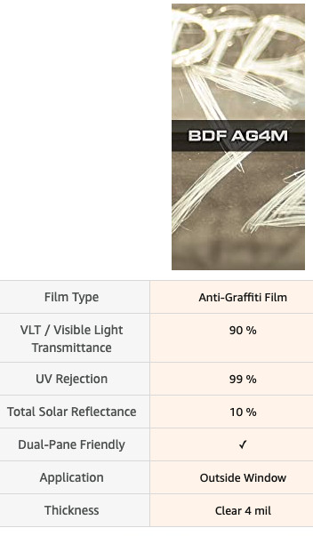 BDF AG4M Window Film Graffiti Protection 4 Mil Clear 12 in x 50 ft UV Protection
