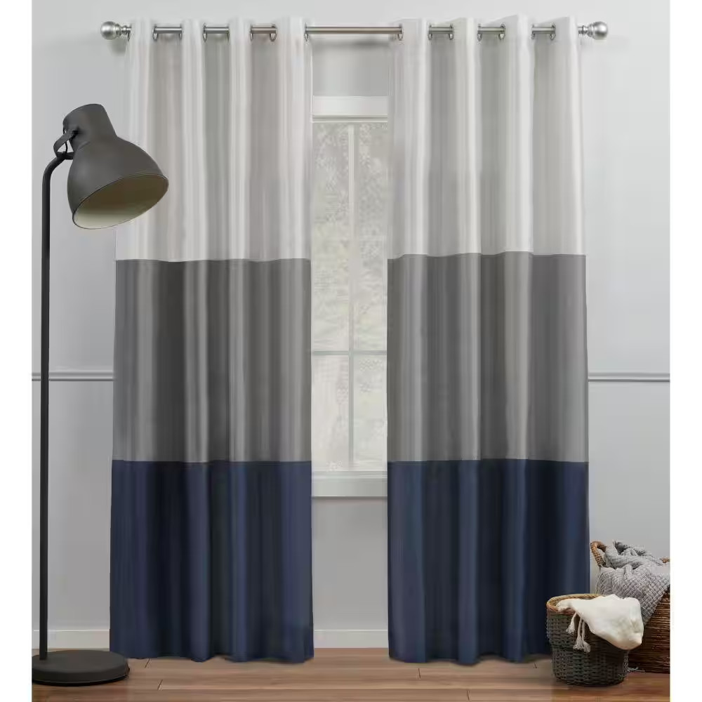Chateau Navy/Grey Stripe Light Filtering Grommet Top Curtain, 54 In. W X 96 In.
