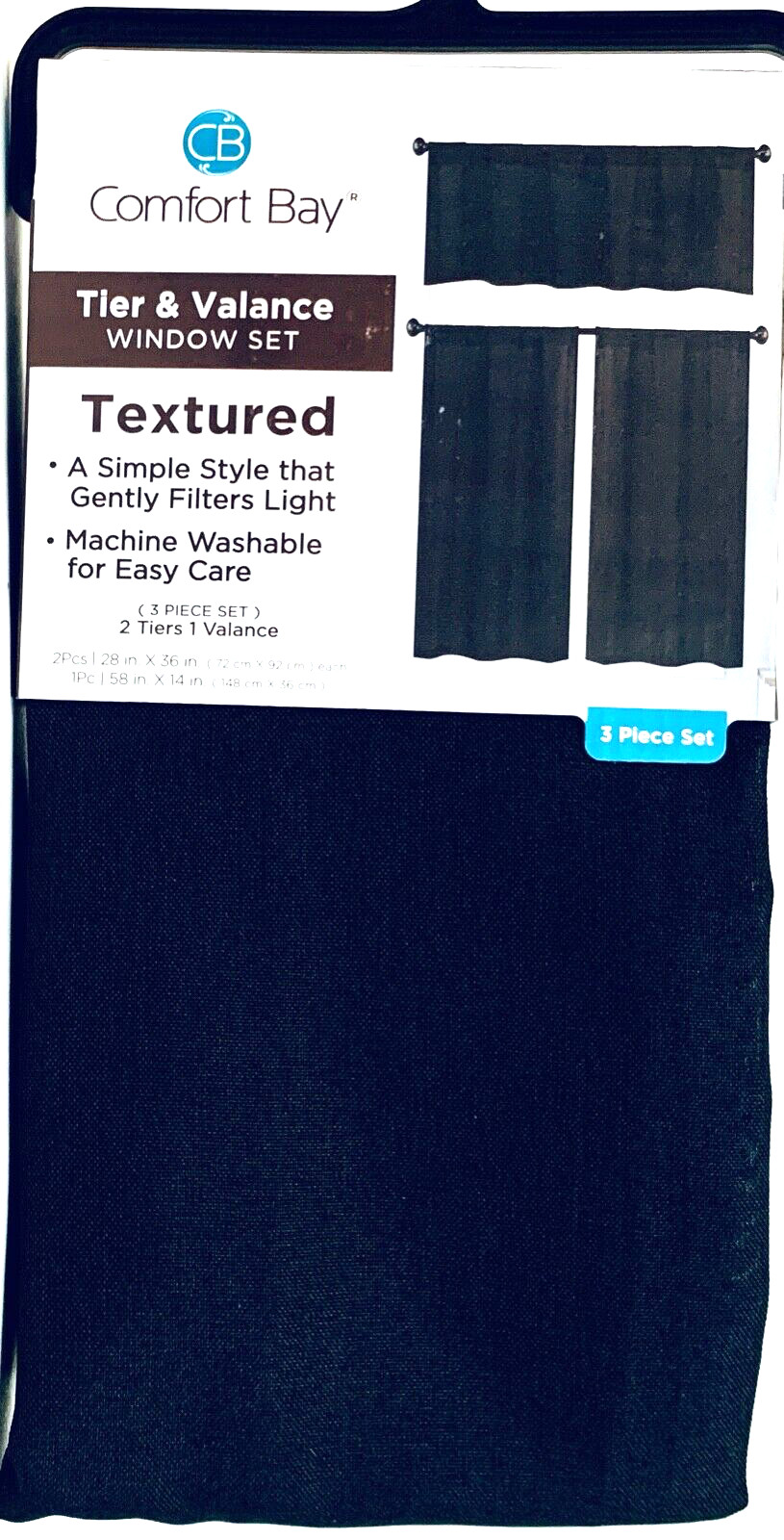 Comfort Bay Textured 3 Piece Tier & Valance Set Black Easy Care 100% Polyester