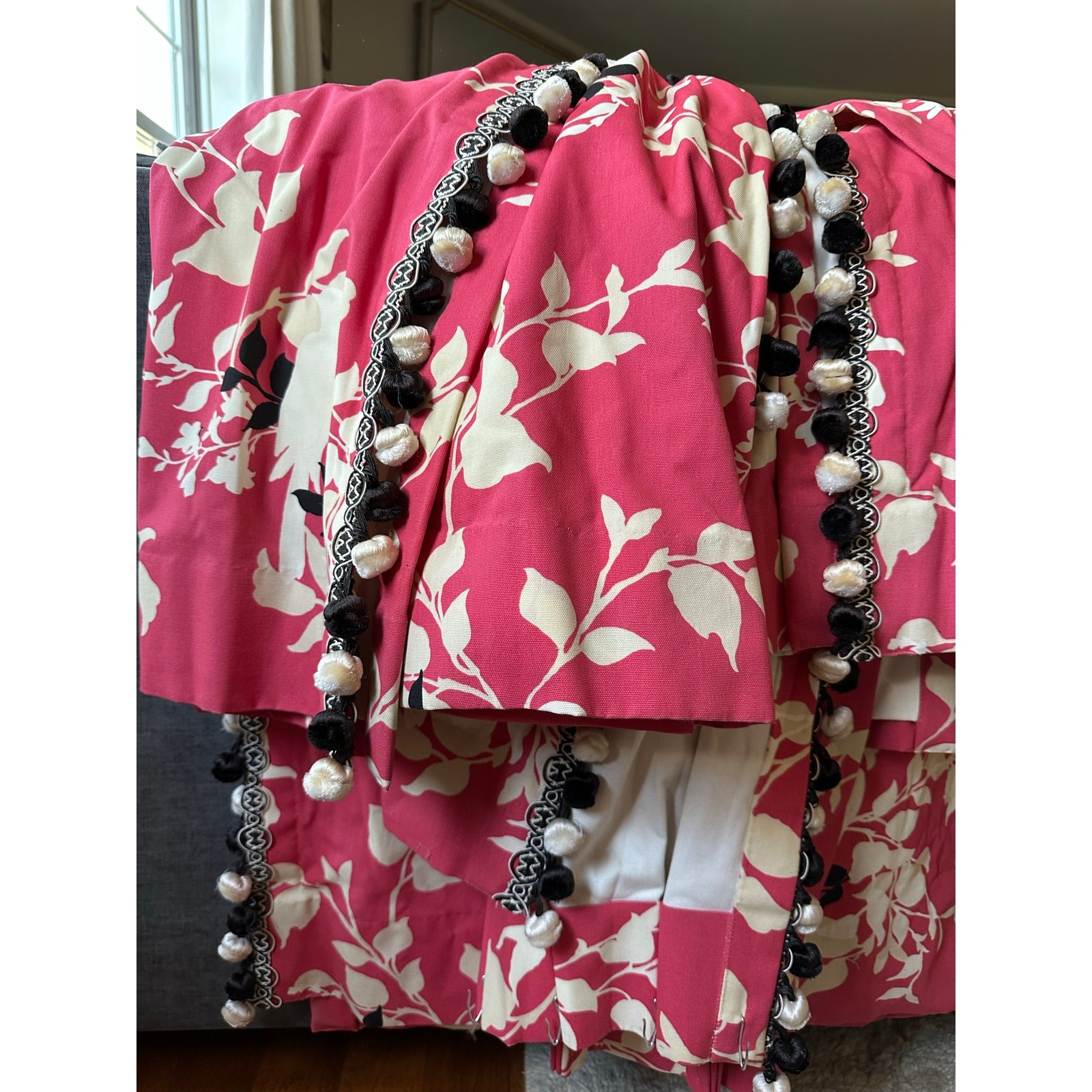 2 Custom Pair drapes pink Black White Curtains Pink Pom Poms luxury set pleated