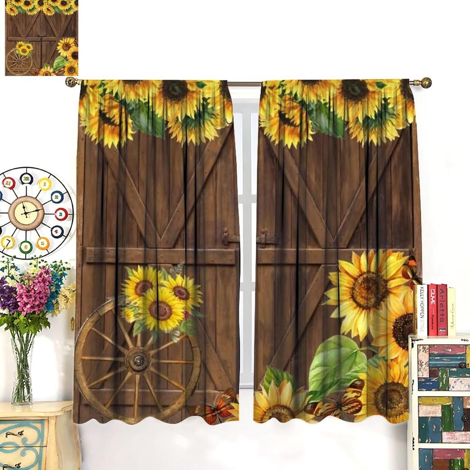 Rustic Sunflower Curtains Vintage Farmhouse Wooden Board Barn Door Flower Daisy