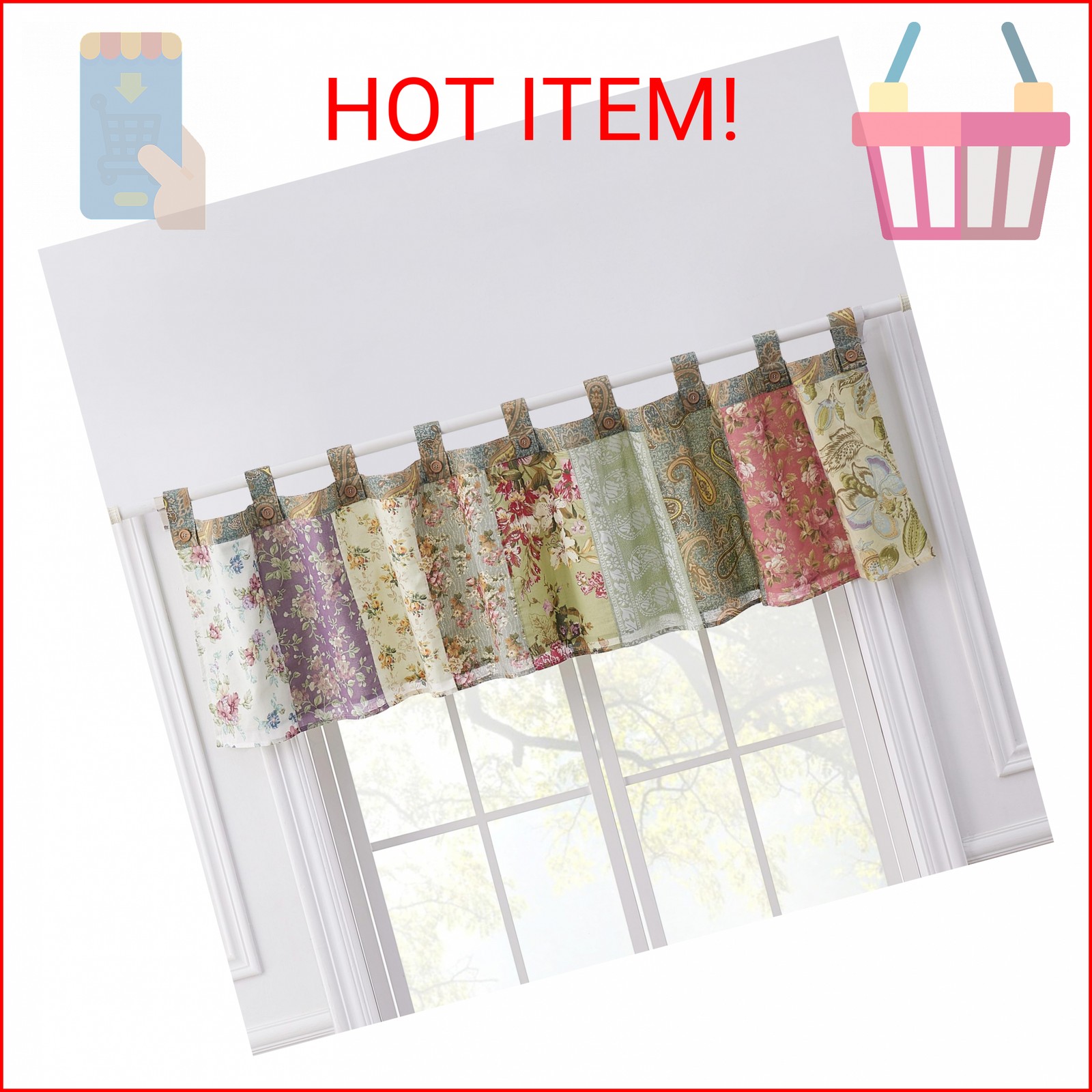 Greenland Home Blooming Prairie Authentic Patchwork Tab Top Window Valance 84 x