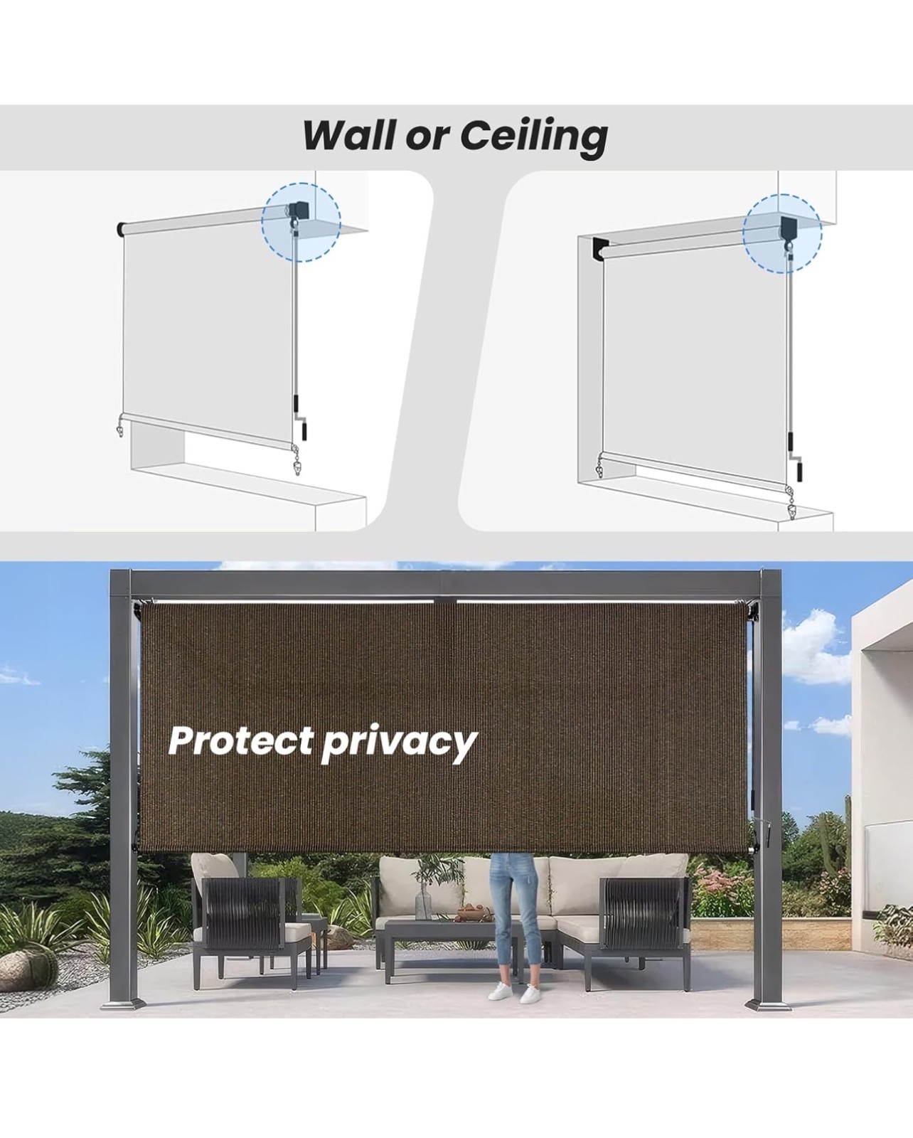 Roller Shade Blind Roll Up Crank For Deck Porch Balcony Patio Light Filter