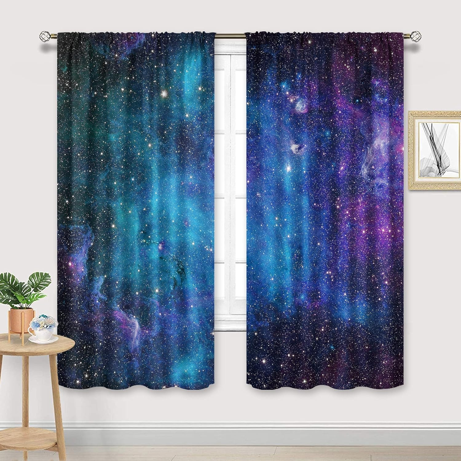 Kids Galaxy Curtains Outer Space Nebula Blue Starry Window Drapes 42×63