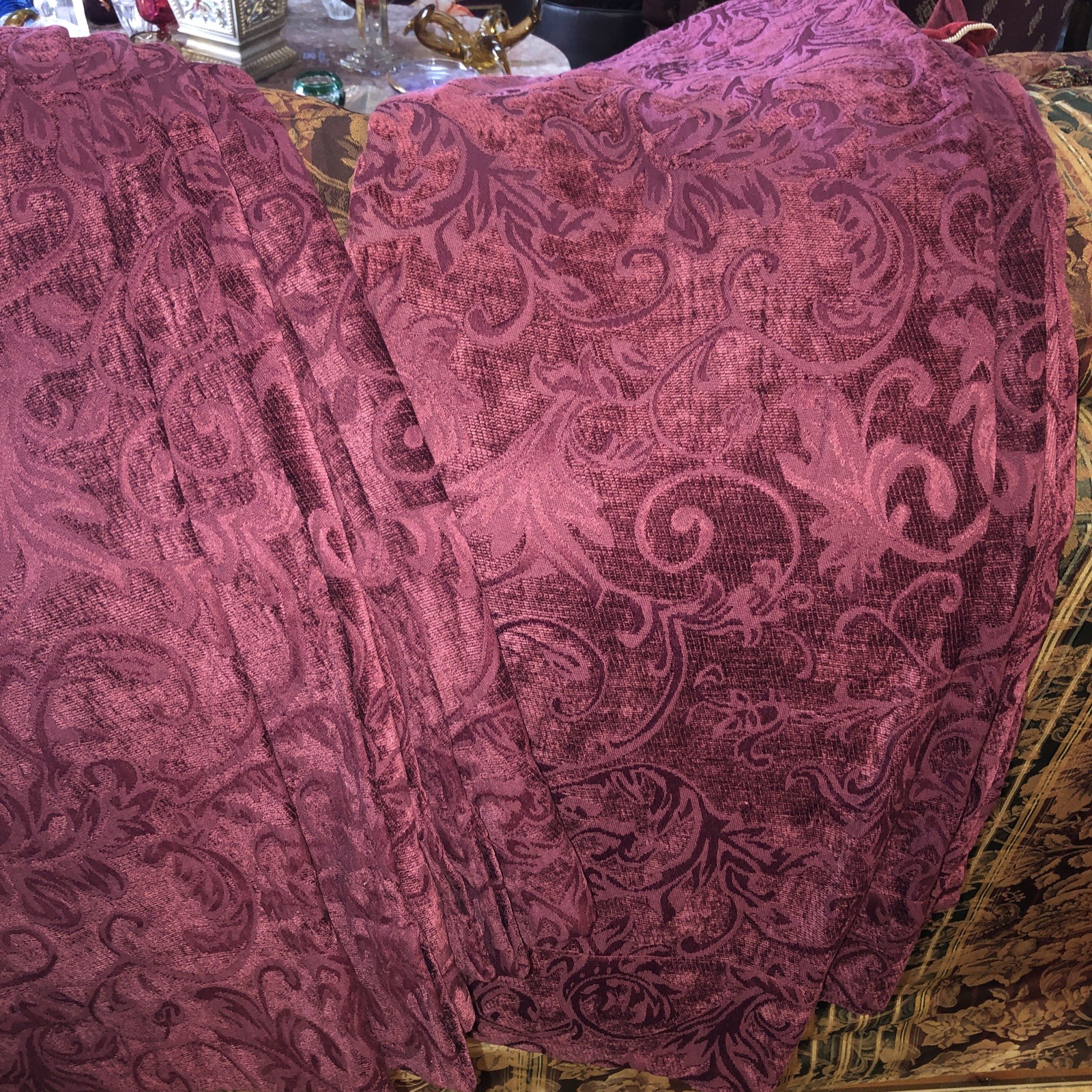 1 Pair Of Vintage Burgundy 50 X 84 Embossed Chenille Floral Curtain Panels