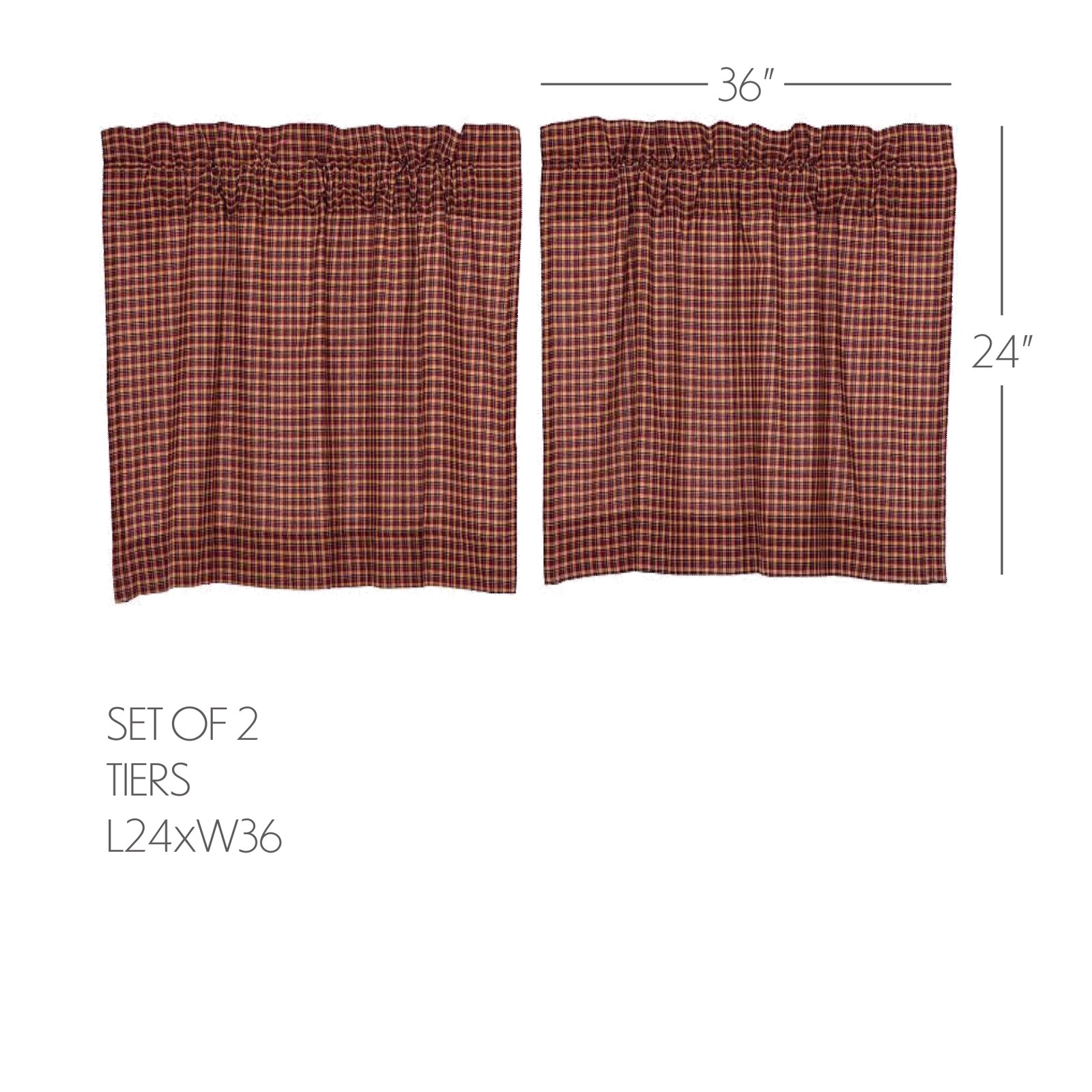 Primitive 24″x36″ Tier Pair Red Rod Pocket Kitchen Window Curtains VHC Brands