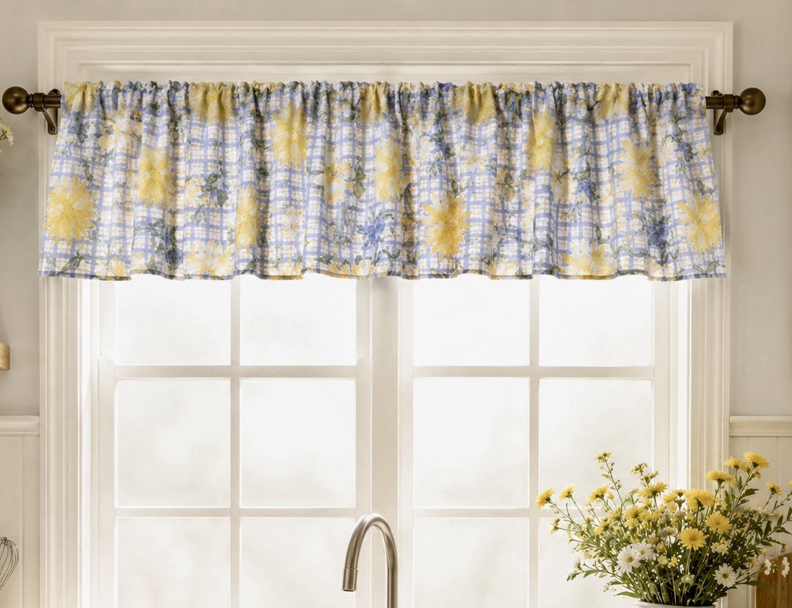 Vintage 1990s Window Valance Country Kitchen Floral Plaid Yellow Gray, 76×16”