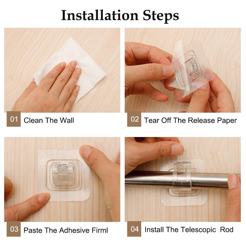 8 Pcs Self Adhesive Curtain Rod Bracket No Drilling Hook Holders for Bathroom