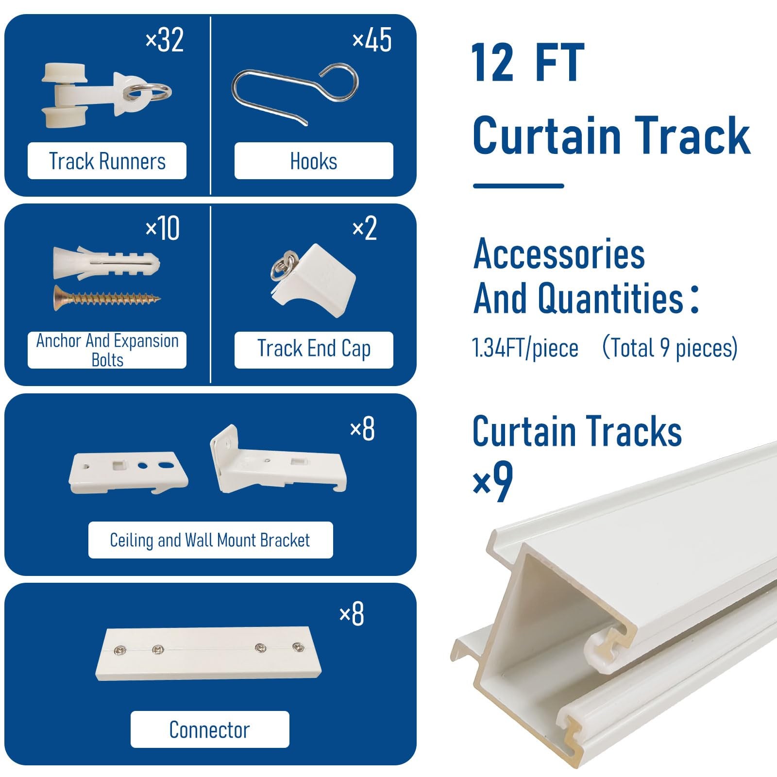 Curtain Track Ceiling or Wall Mount Curtain Tracks 12FT White with Hooks Room…