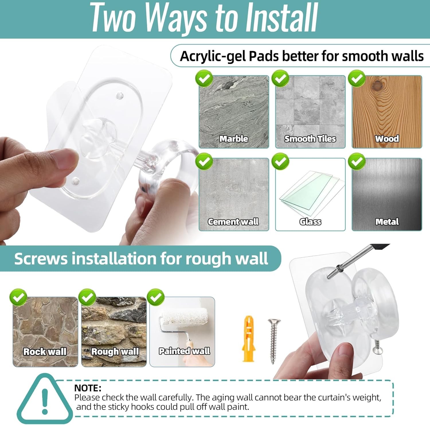 6-Pack No Drilling Ceiling Mounted Curtain Rod Brackets, Self Adhesive Curtain