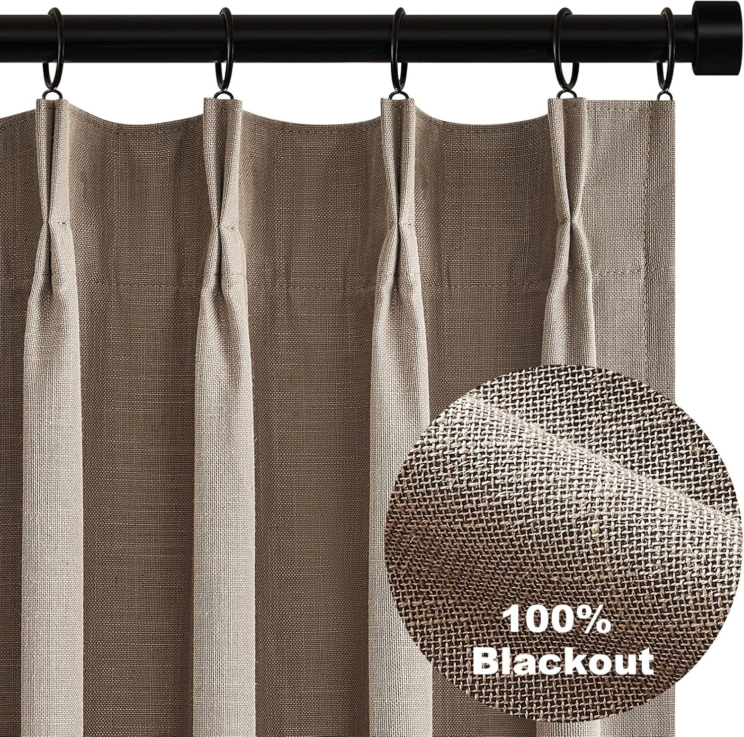 Taupe Burlap Blackout Curtains 84″ Set of 2, Soundproof Pinch Pleated Drapes