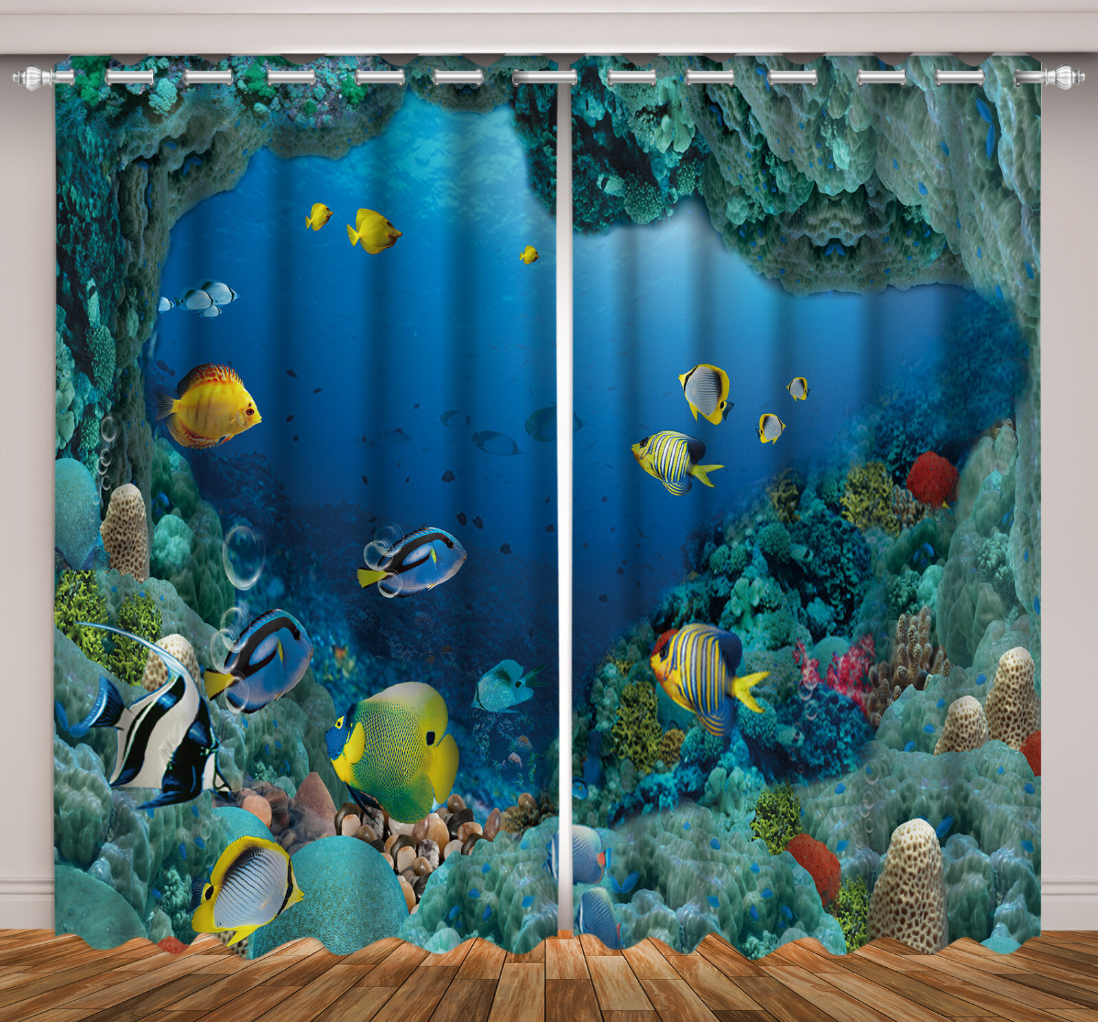 Blue Ocean Tropical Fish 3D Blackout Curtain 2 Panels Drapes Window Curtains