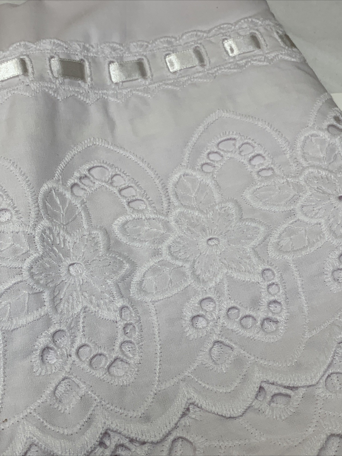 Vintage Floral Eyelet Curtain Solid White Satin Ribbon Trim Cutwork 60”X36”