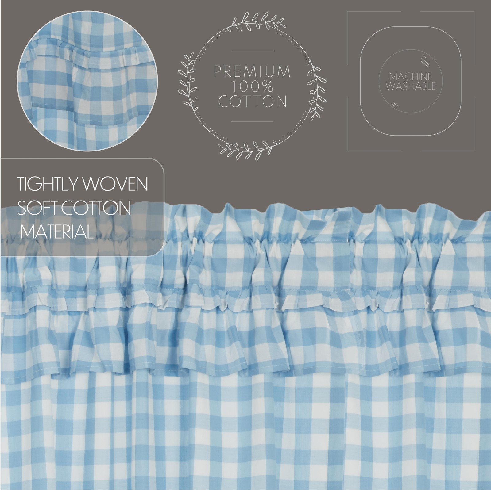Annie Buffalo Blue Ruffled Set (1 Valance 16×72 ; 2 Tier 24×36) VHC Brands