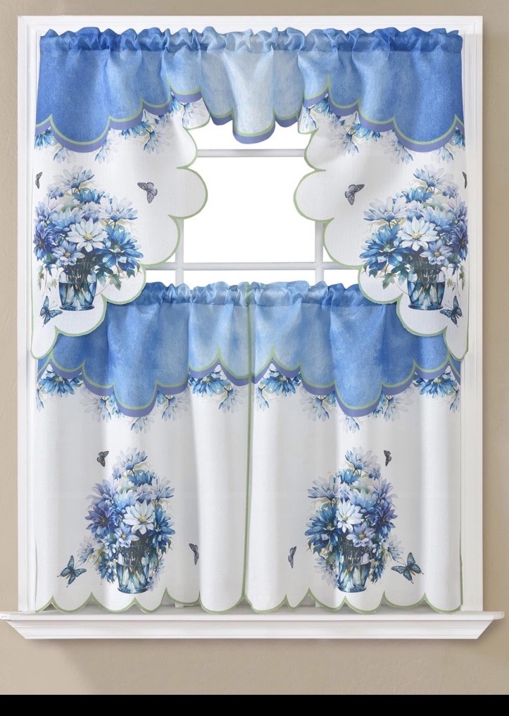 3PC SET BUTTERFLY FLOWER KITCHEN CURTAIN VALANCE TIER NEW DESIGNS BLUE VASE