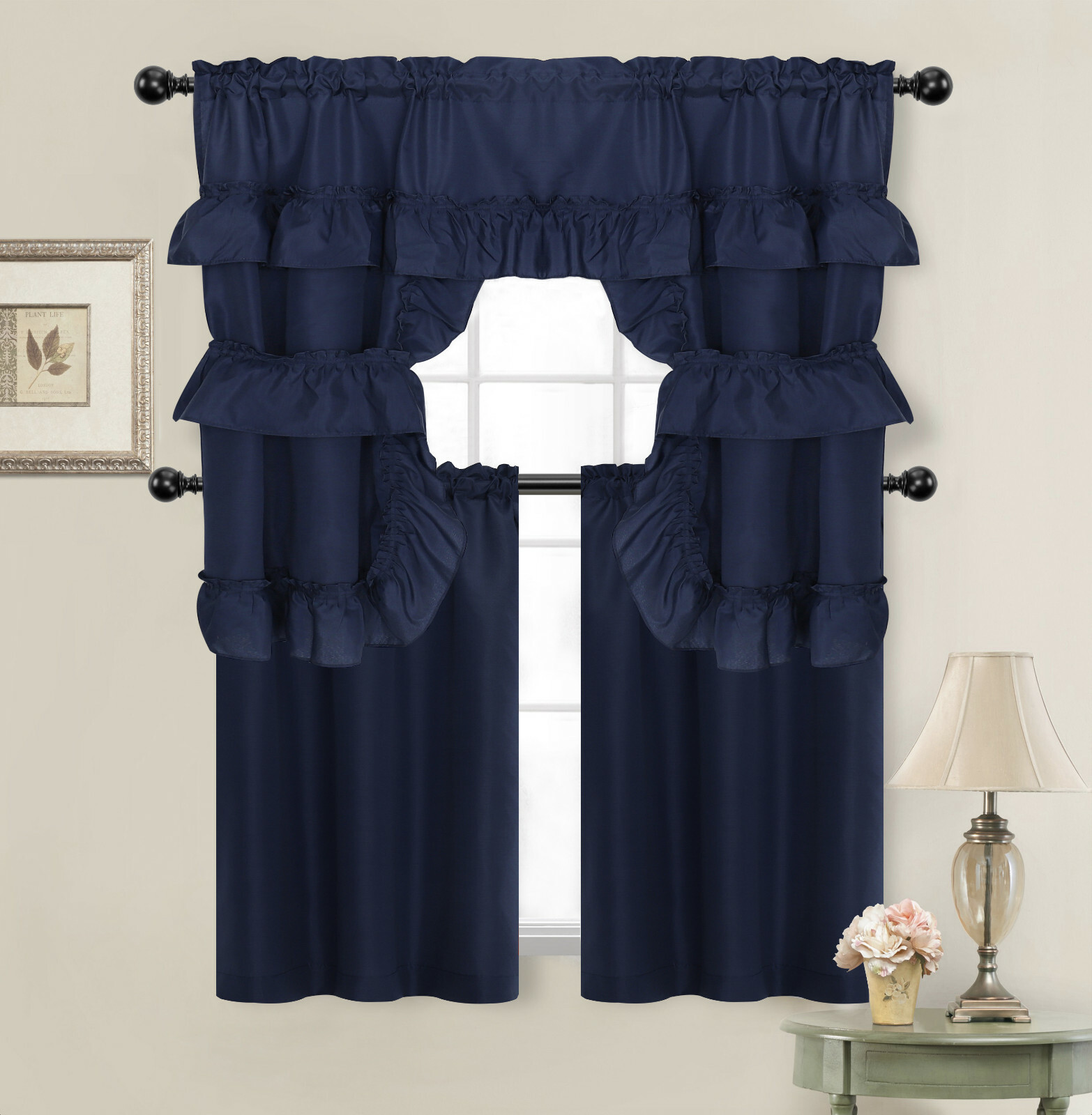 Country Farmhouse Solid Colored Kitchen Curtain Tier/Swag Set – Assorted Colors