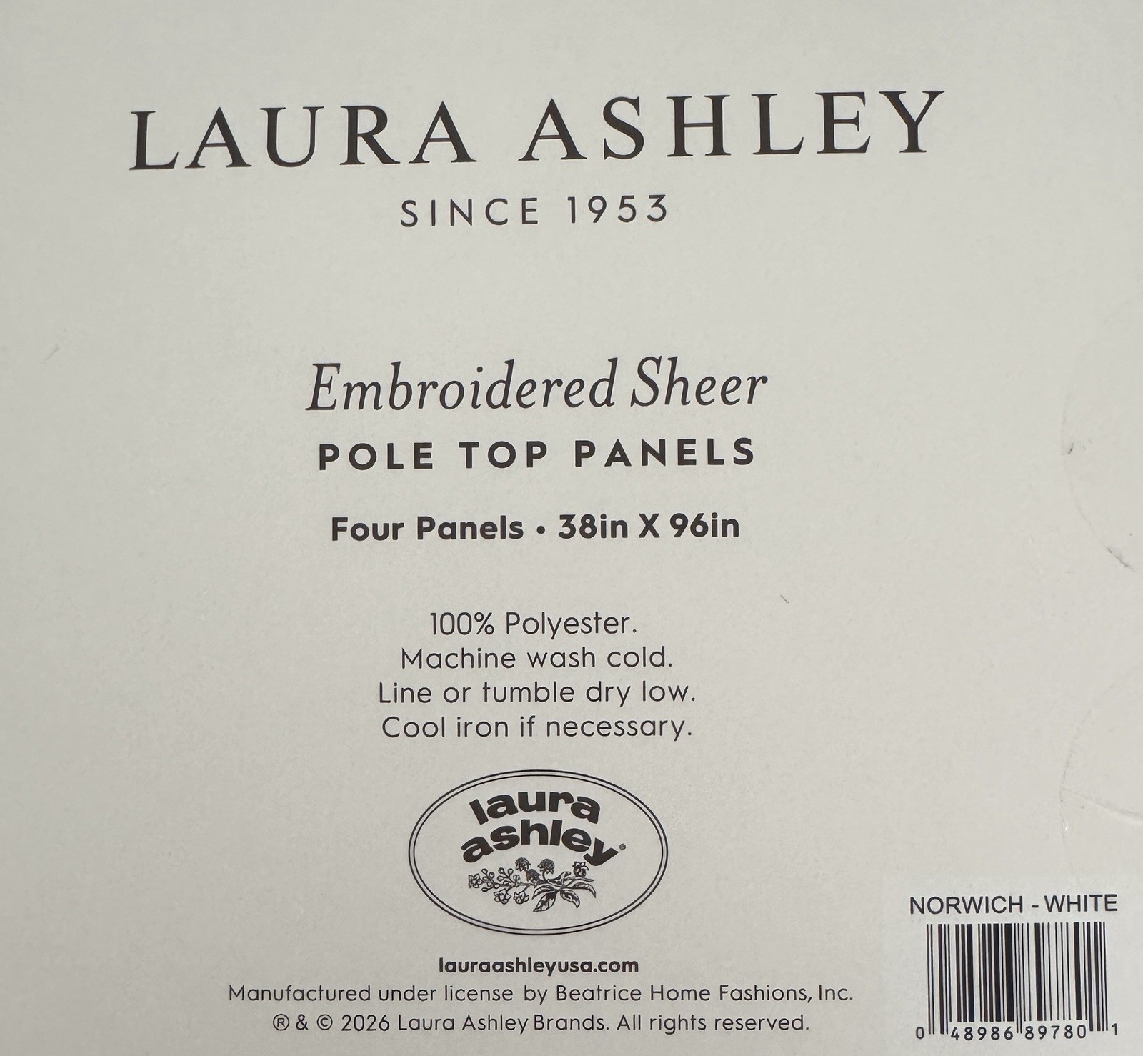Laura Ashley Window Curtains 4 Panels 38 x 96″ Snow White Embroidered Sheer