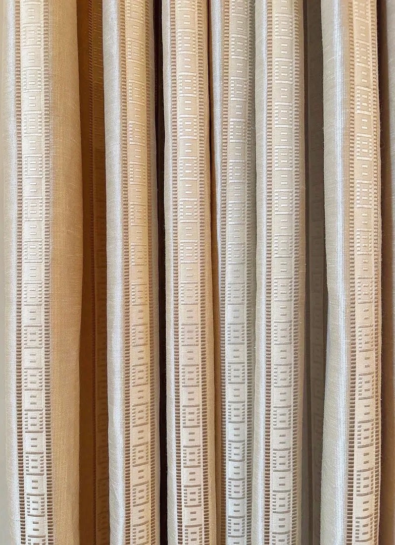 High End Designer Custom Pinch Pleated Beige Silk Curtains w/ Fringe Trim ZZ776
