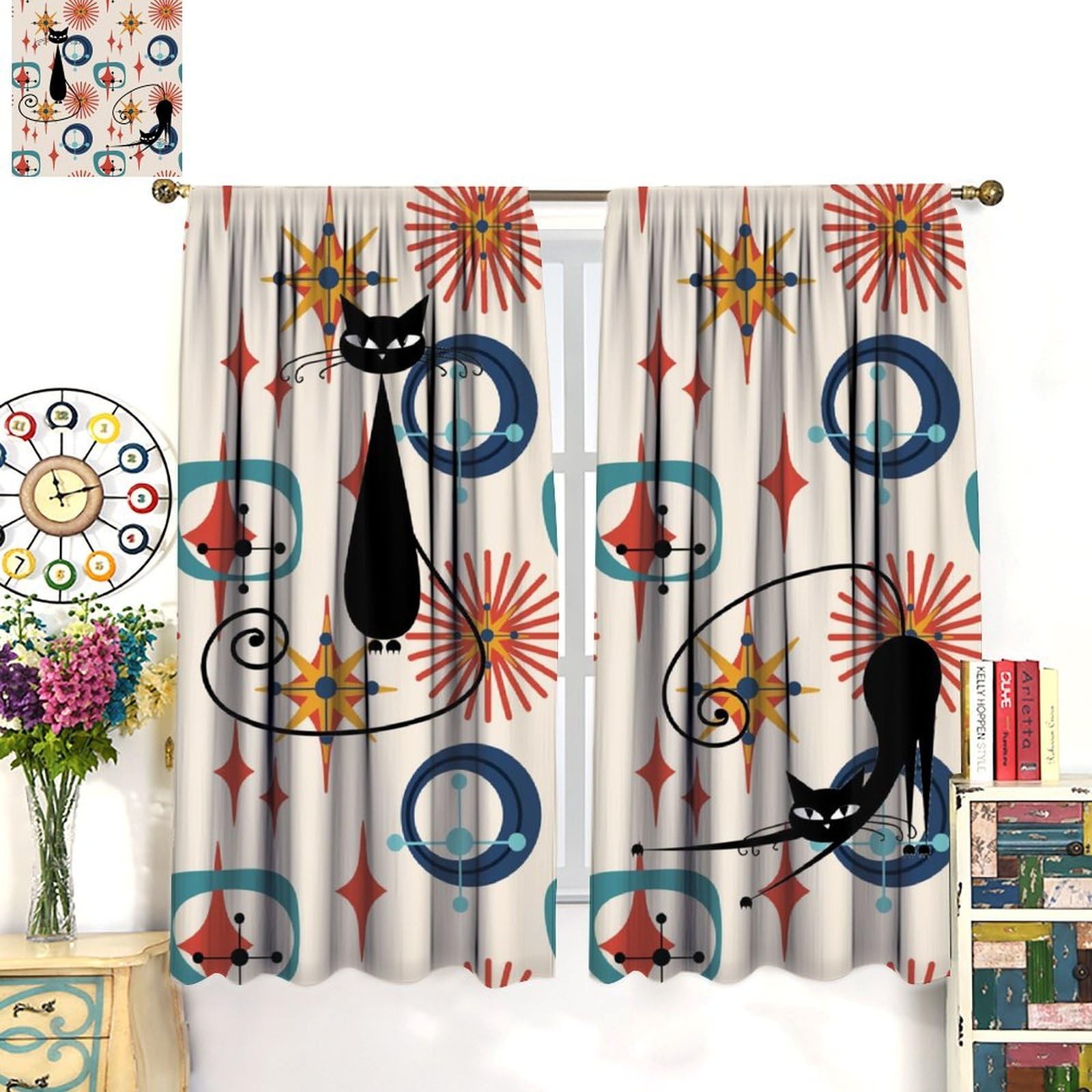 Mid-Century Atomic Star Curtains, Modern Geometric Abstract Art Explosion Vin…