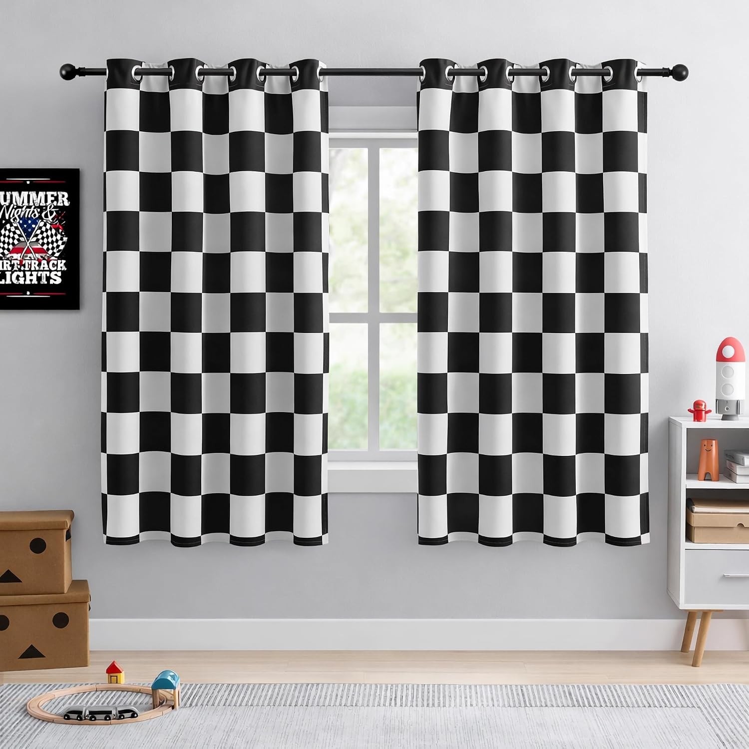 100% Blackout Curtains – Black and White Checkered Race Flag Pattern, 2 Pa