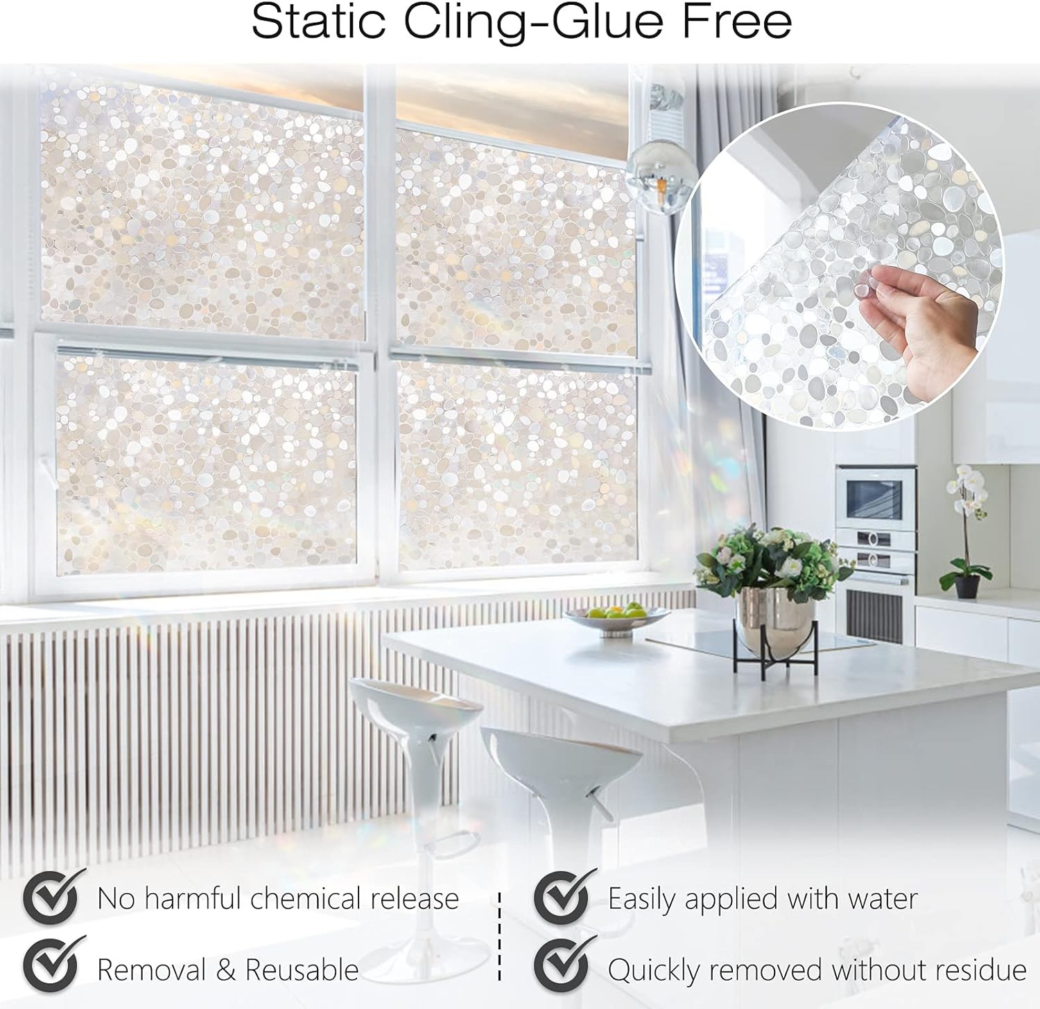 Window Privacy Film, Decorative Clings, UV Blocking 3D Pebble, 17.5 X 78.7 Inch
