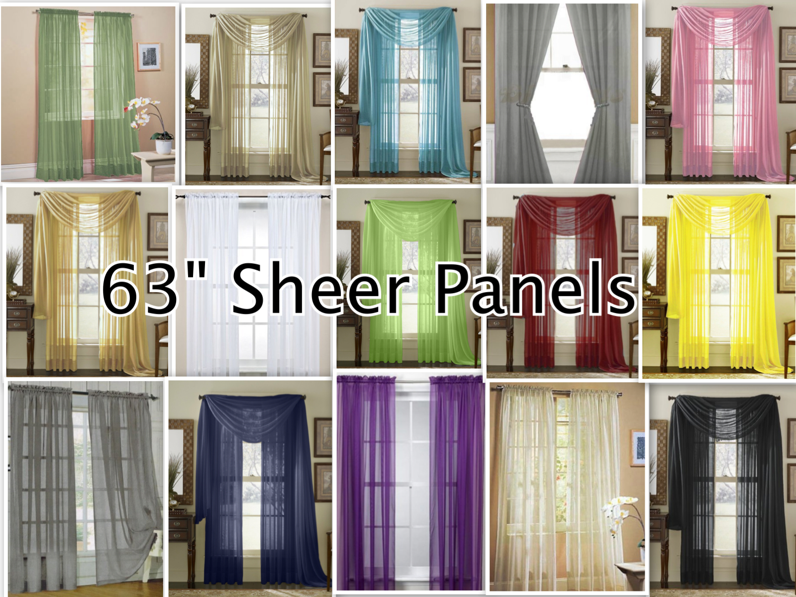 2-Piece Sheer Voile Window Treatment Curtain Short Panel 63″ Long Solid Colors