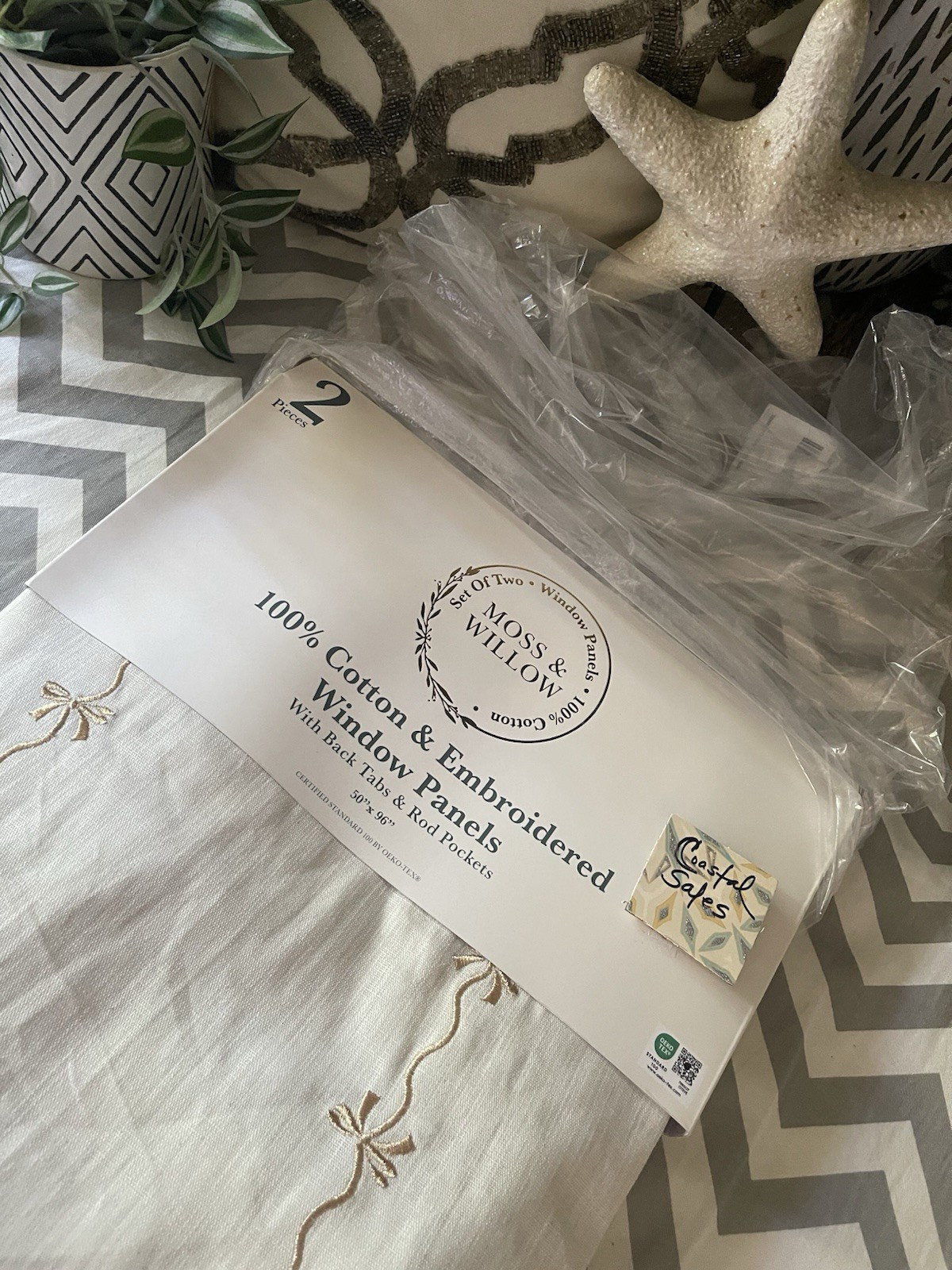 MOSS & WILLOW 100% Cotton Gold Embroidery Curtains Bows Ivory 50X96” NEW SET