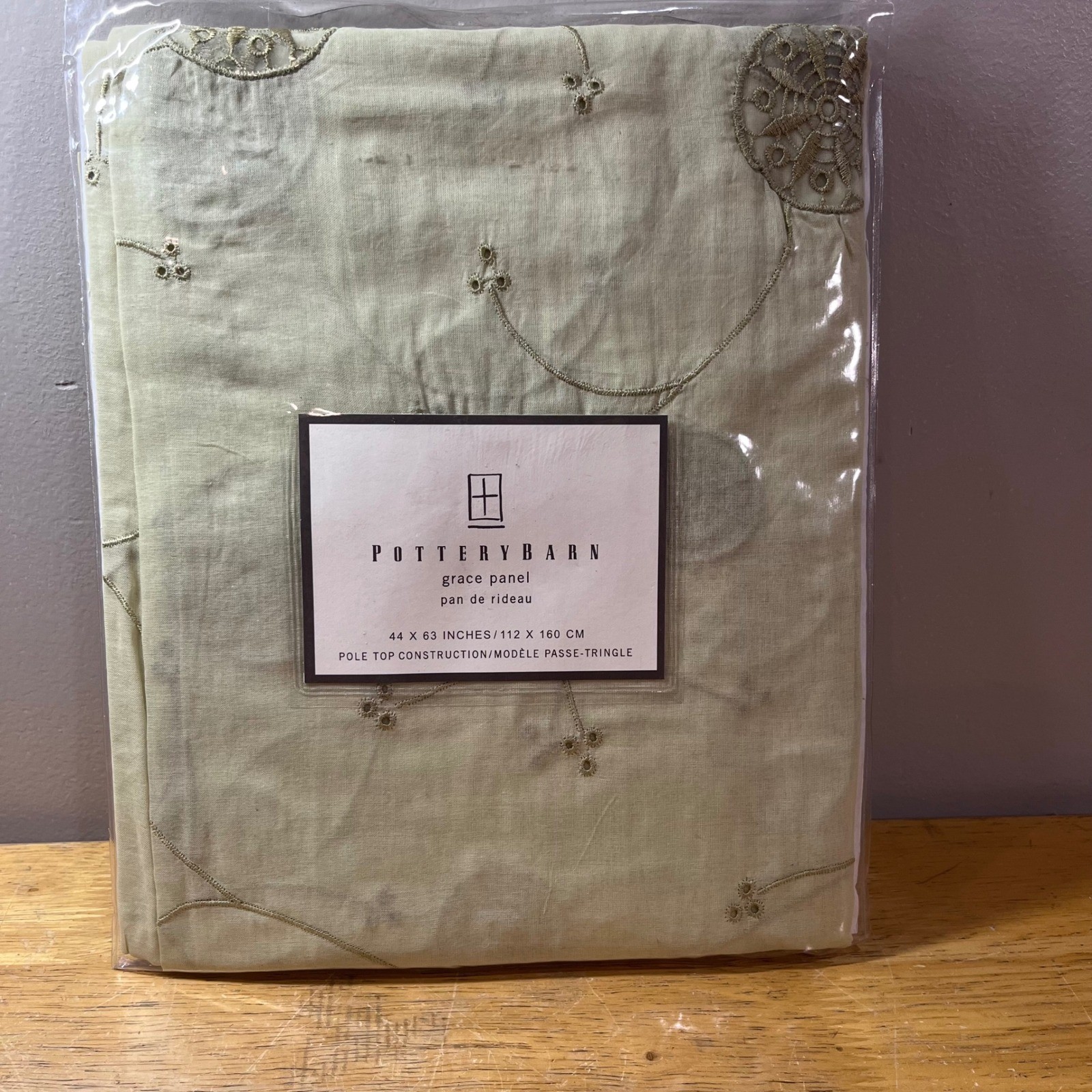 Pottery Barn Grace Curtain Panel Celery Green Eyelet Embroidery 44×63 Vtg Style